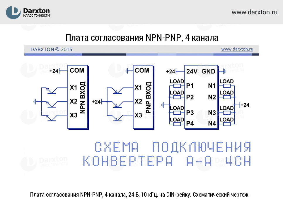 Чертеж для Плата согласования NPN-PNP, 4 канала, 24 В, 10 кГц, на DIN-рейку